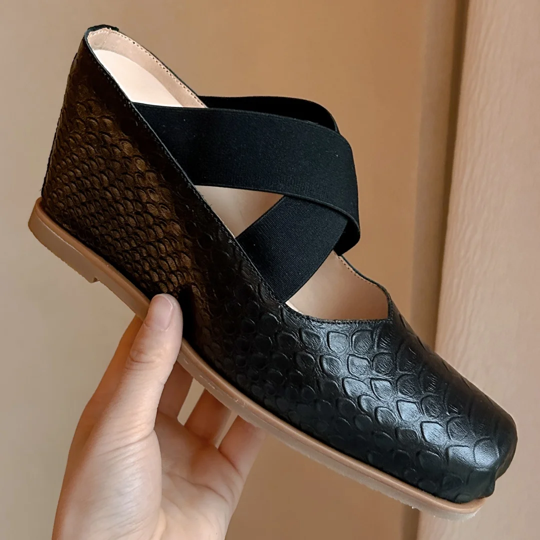 Women's genuine leather snake pattern square toe slip-on summer mules wedge high heel elastic band cross strap heeled sandals