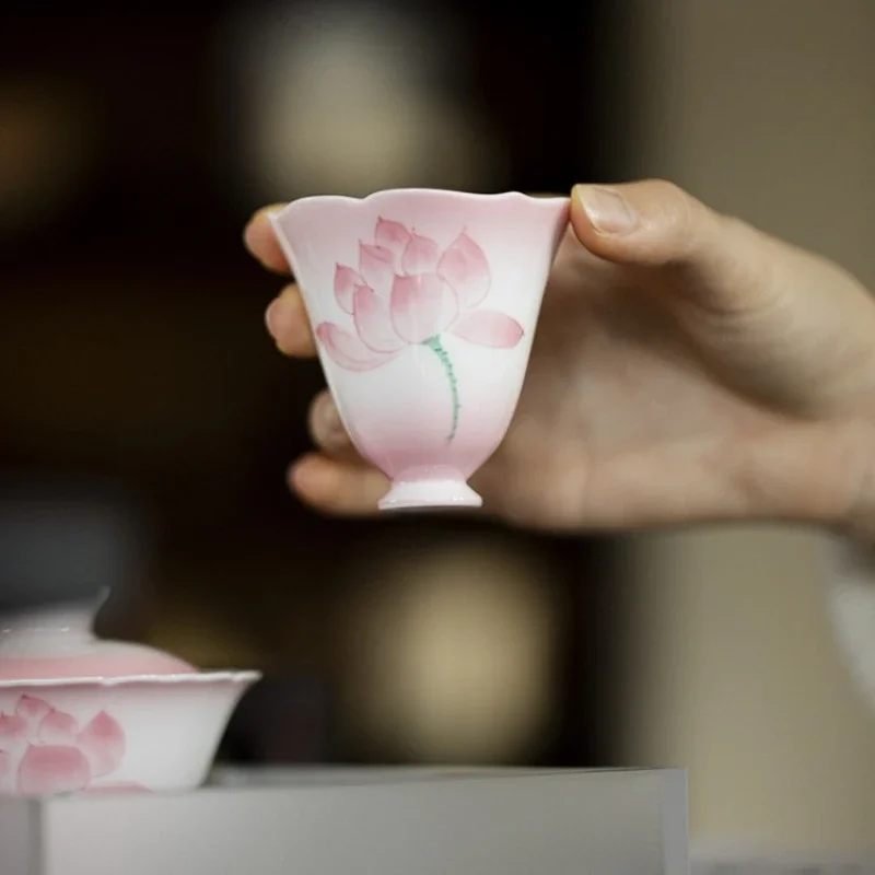 Pink Hand Painted Lotus Floral Rim High Foot Tea Cup Kung Fu Tea Tasting Cup for Home  Chinese Ceramic