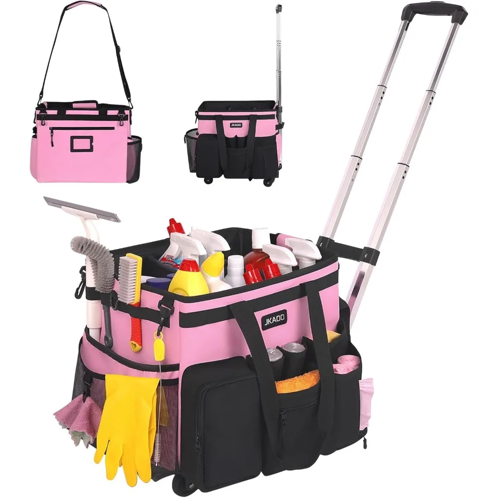 

Большая вращающаяся корзина для чистки со съемной тележкой, водонепроницаемый органайзер для дома, автомобиля, офиса - розовый