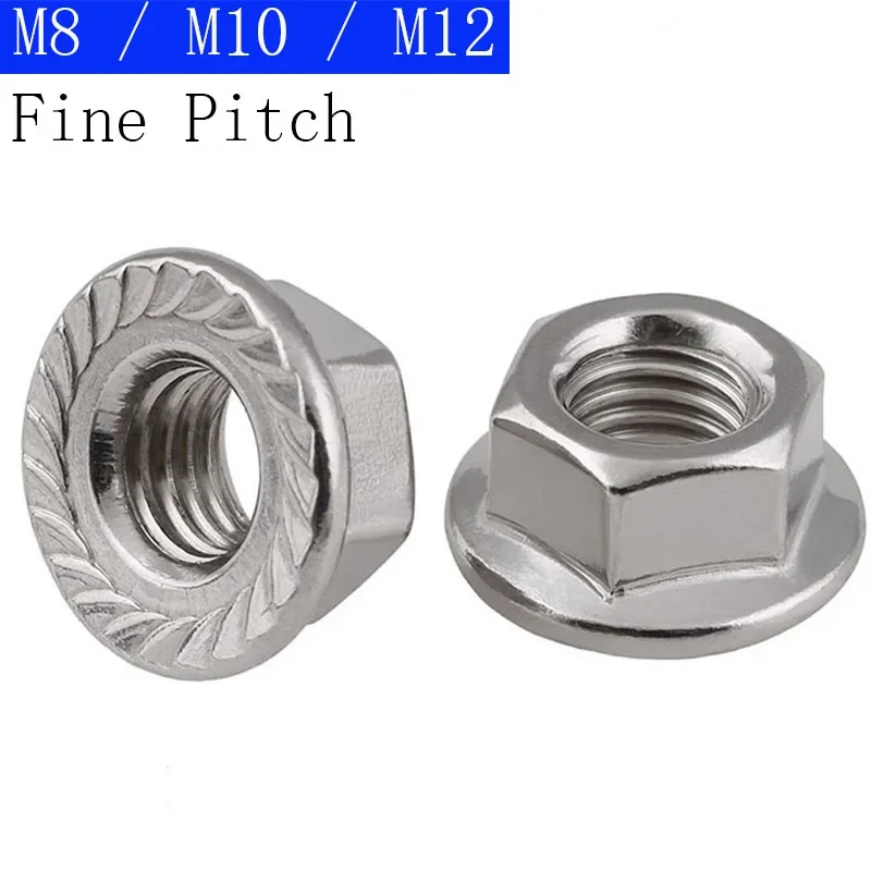 

M8 M10 M12 Fine Pitch Serrated Flange Nuts Hex Lock Nuts 304 A2 Stainless Stell For Screws Bolts