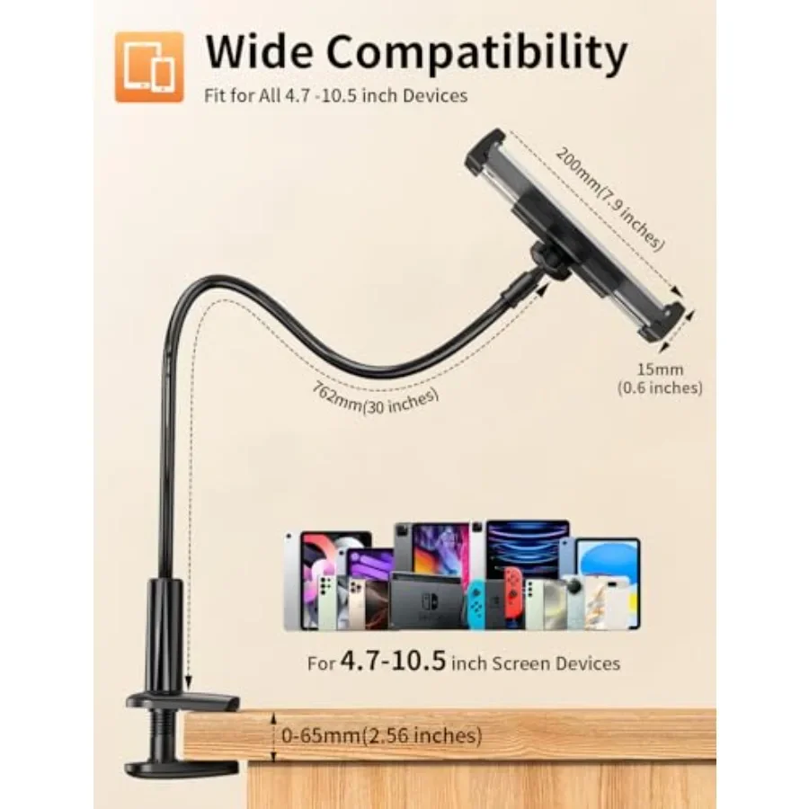 グースネックタブレットホルダー スタンド ベッド用 調整可能 フレキシブルロングアーム タブレットマウント テーブルにクランプ式 iPad Air Mini G対応