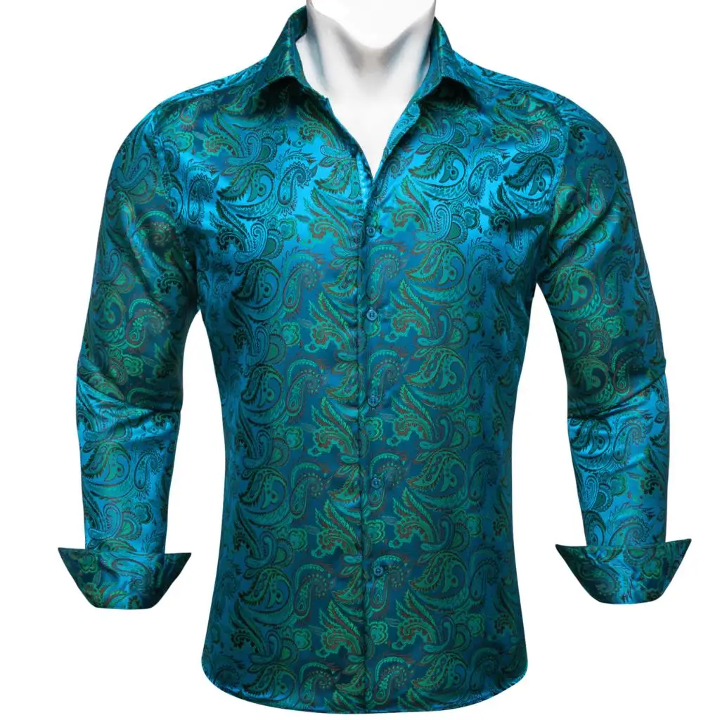 

Designer Shirts for Men Silk Long Sleeve Blue Green Paisley Embroidered Slim Fit Male Blouses Casual Breathable Tops Barry Wang