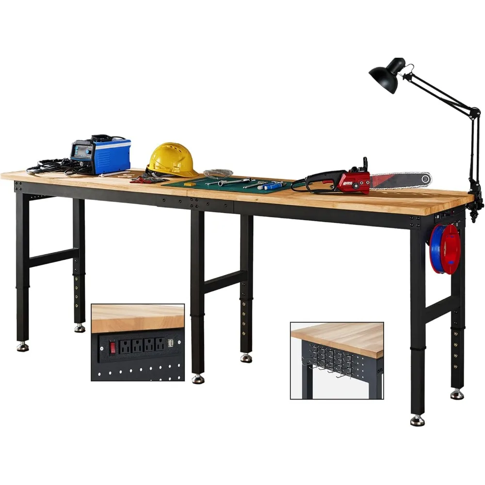 

96x24“ Adjustable Workbench 28.7-38.6" Height, Rubber Wood Top Heavy Duty Workbench Workbench for Garage, Workshop,Home & Office