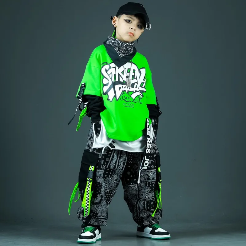 Boys' Spring Suits Green Top Black Pants Children's Hip-hop