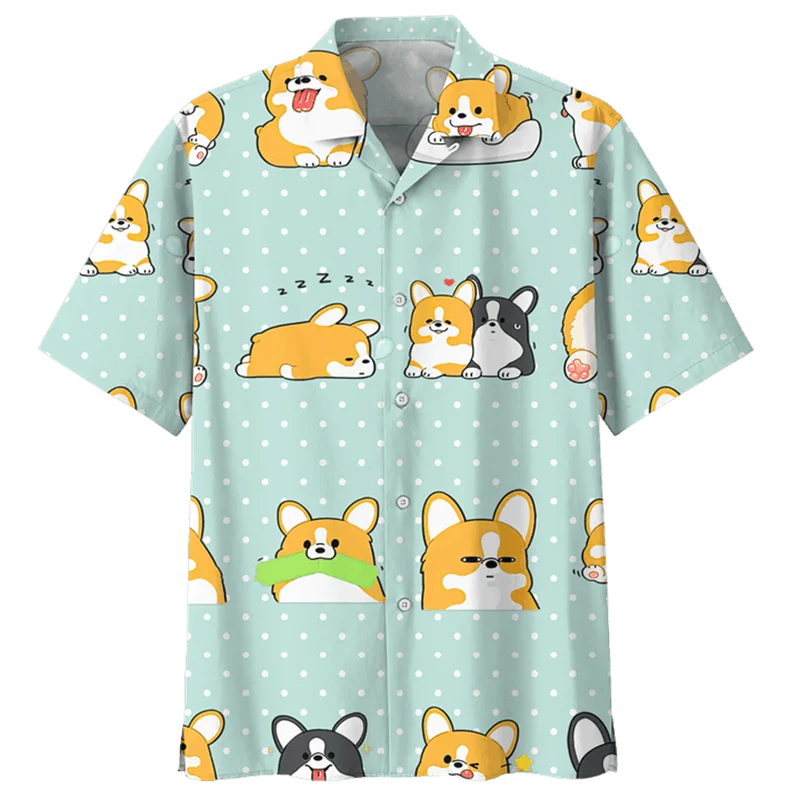 

Cartoon Corgi Dog Graphic Hawaiian Shirt For Men Summer 3d Printed Animal Pets Short Sleeves Street Tops Lapel Button Blouse