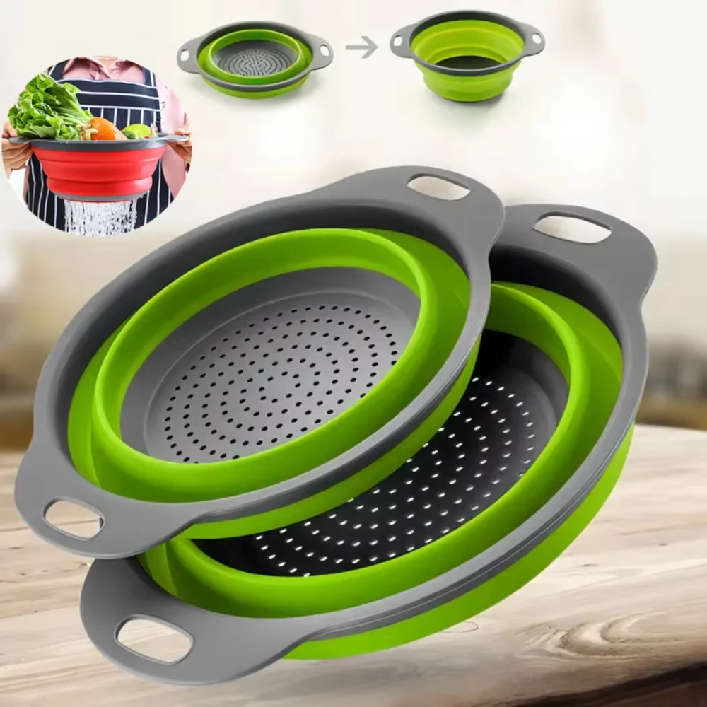 Foldable Vegetable Washing Drain Basket Silicone Kitchen Tool Vegetable Washing Basket Round Space Saving Water Filter Basket