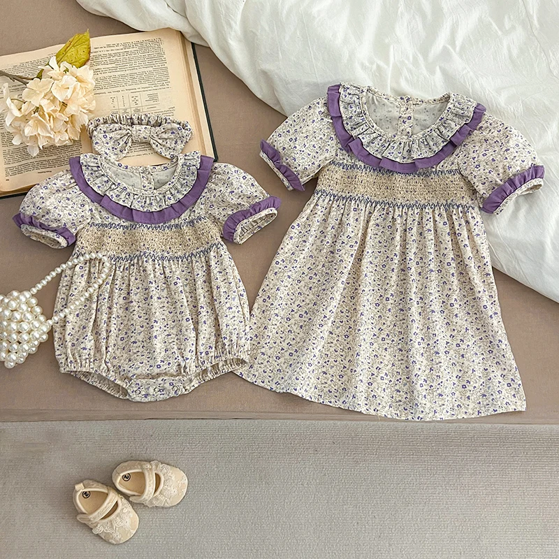 Vêtements d'été en dentelle florale pour filles, robe de princesse pour filles, barboteuse à manches courtes pour bébé, tenue assortie et ajustable pour la famille