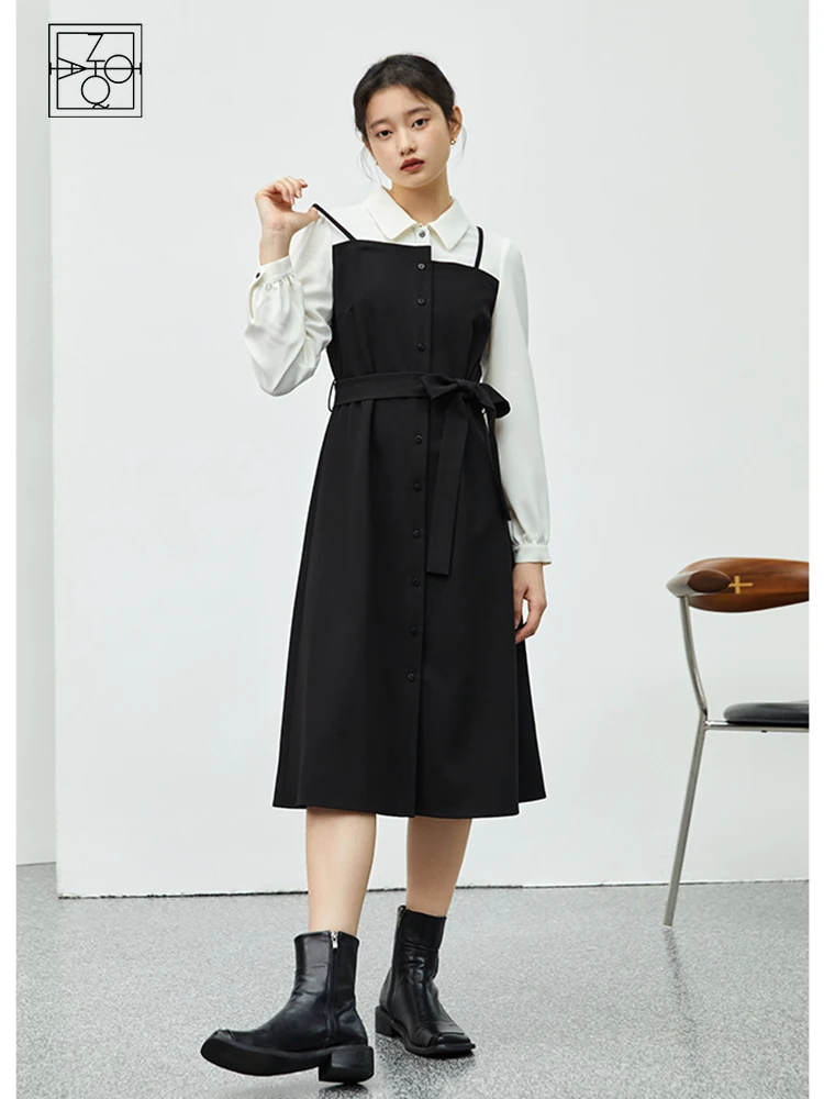 ZIQIAO Women's Winter Thick Black White Stitching Shirt Dress Women French Temperament Patchwork Bottoming Commuter A-line Skirt