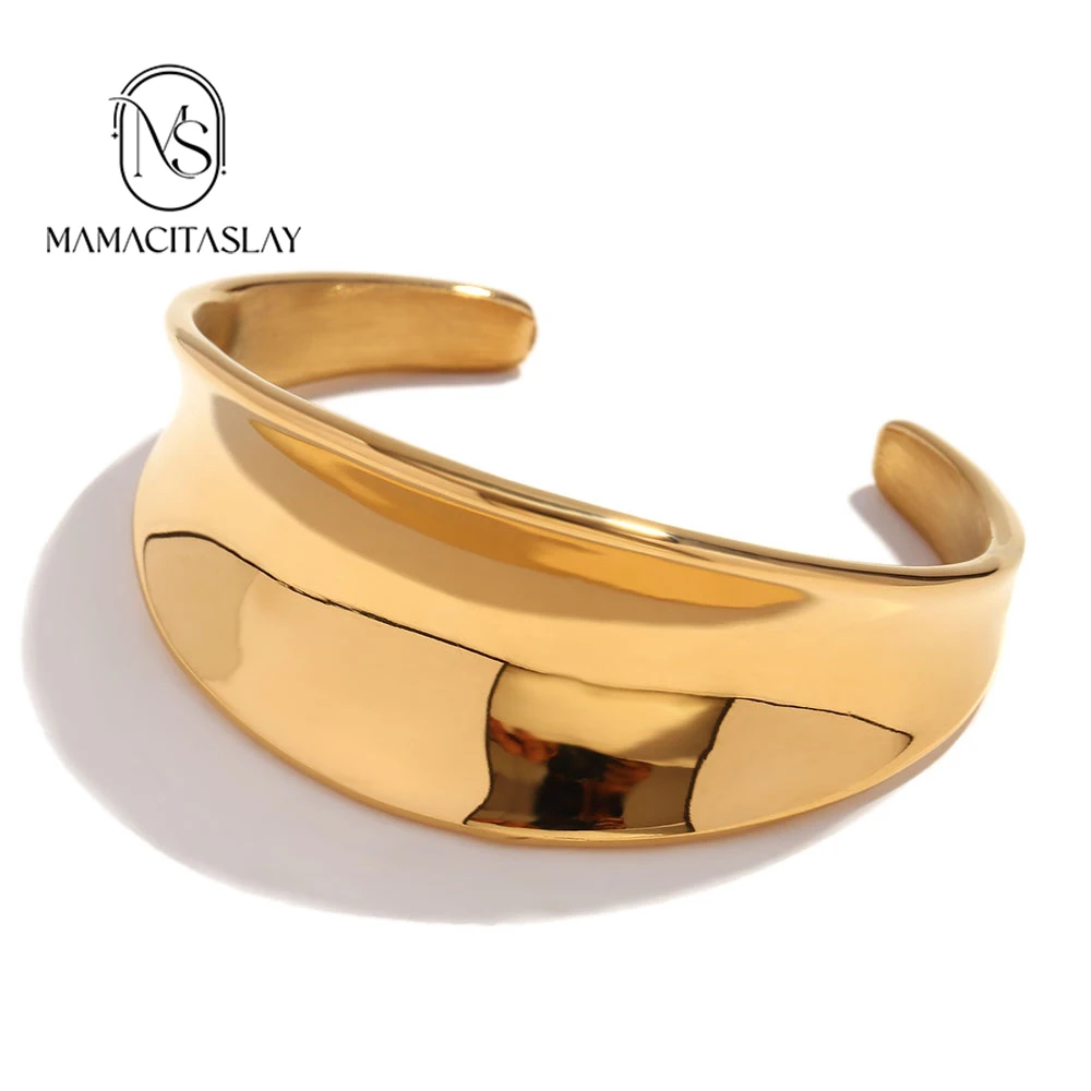 MamacitaSlay Cool geometric solid middle concave smooth surface braces shape stainless steel bracelet women gold plated Jewelry