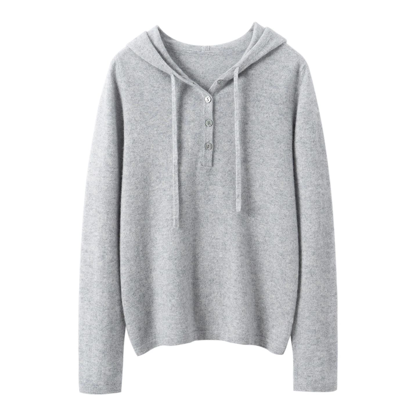 New Autumn Winter Women 100% Premium Cashmere Hooded Half-Button Drawstring Knit Sweater Casual Loose Minimalist Pullover