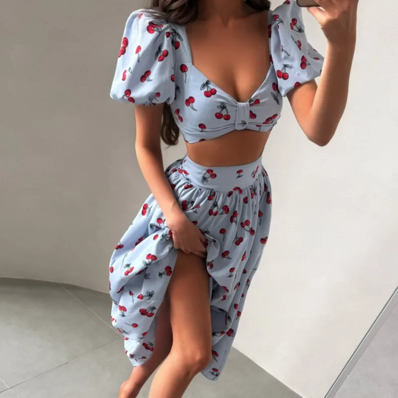 Sommer Damen Zweiteiler Set mit Puffärmeln, Crop-Bluse und Fließendem Midirock, Süße Strand-Urlaubsoutfits für Damen – Detail 18