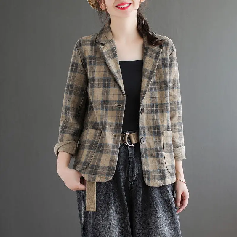 Vintage Cotton Linen Plaid Blazer For Women Spring Autumn Casual Slim Fit Long Sleeve Short Women's Jackets Coats