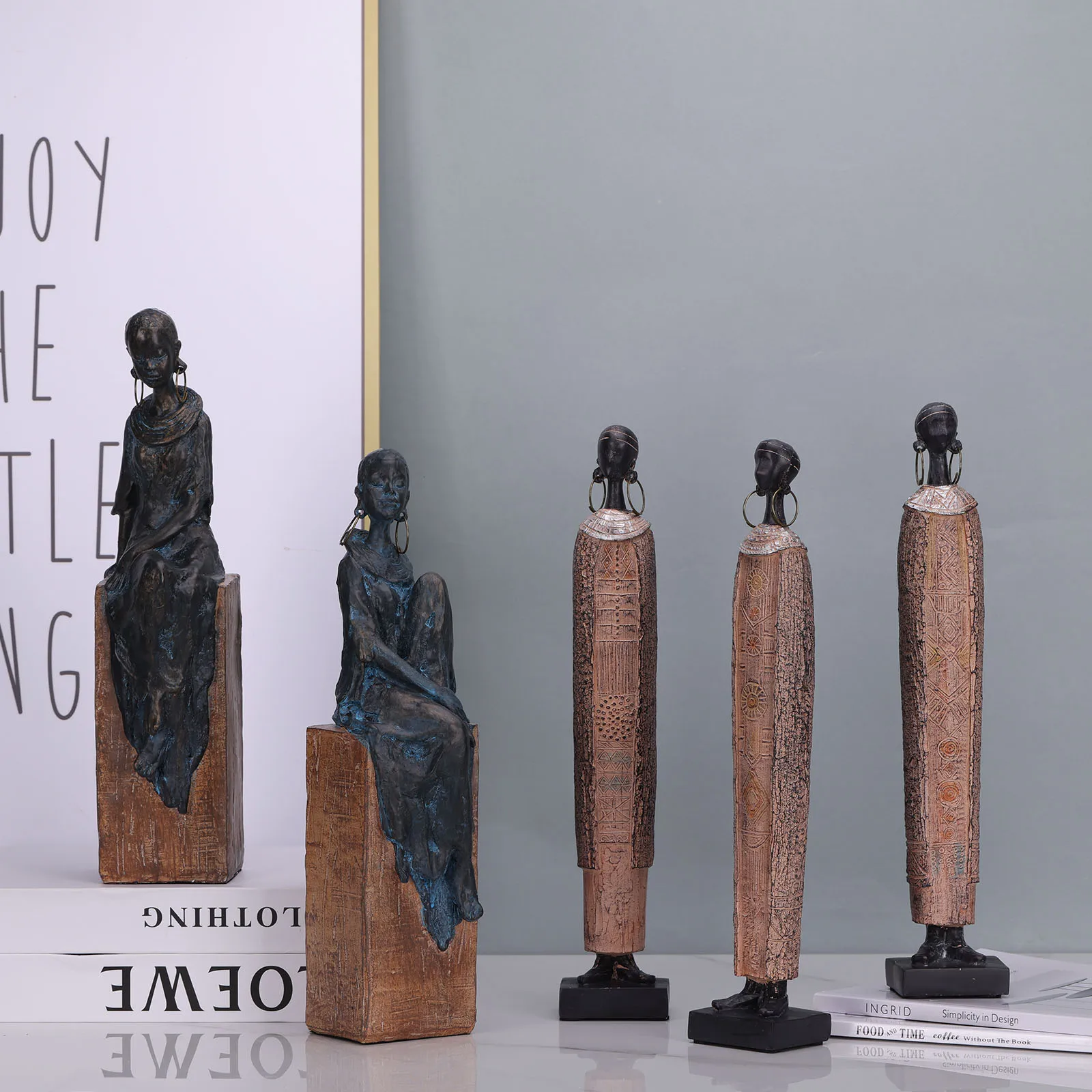

African Resin Figures Statues for Female Scandinavian Style Portrait Sculpture New Home Decoration Tribal Black Female Gife
