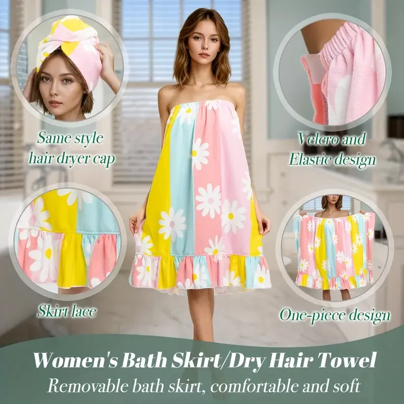 

Women's Bath Skirt and Hair Wrap Set Soft Absorbent Quick-Dry Spa Wrap Comfortable Shower Towel Dress