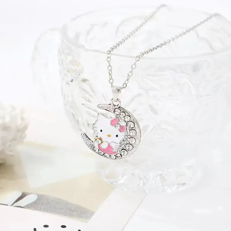 New Sanrio Hello Kitty Anime Alloy Cute Kawaii Creative Moon Style Kitten Necklace Cartoon Simple Children Pendant Holiday Gift