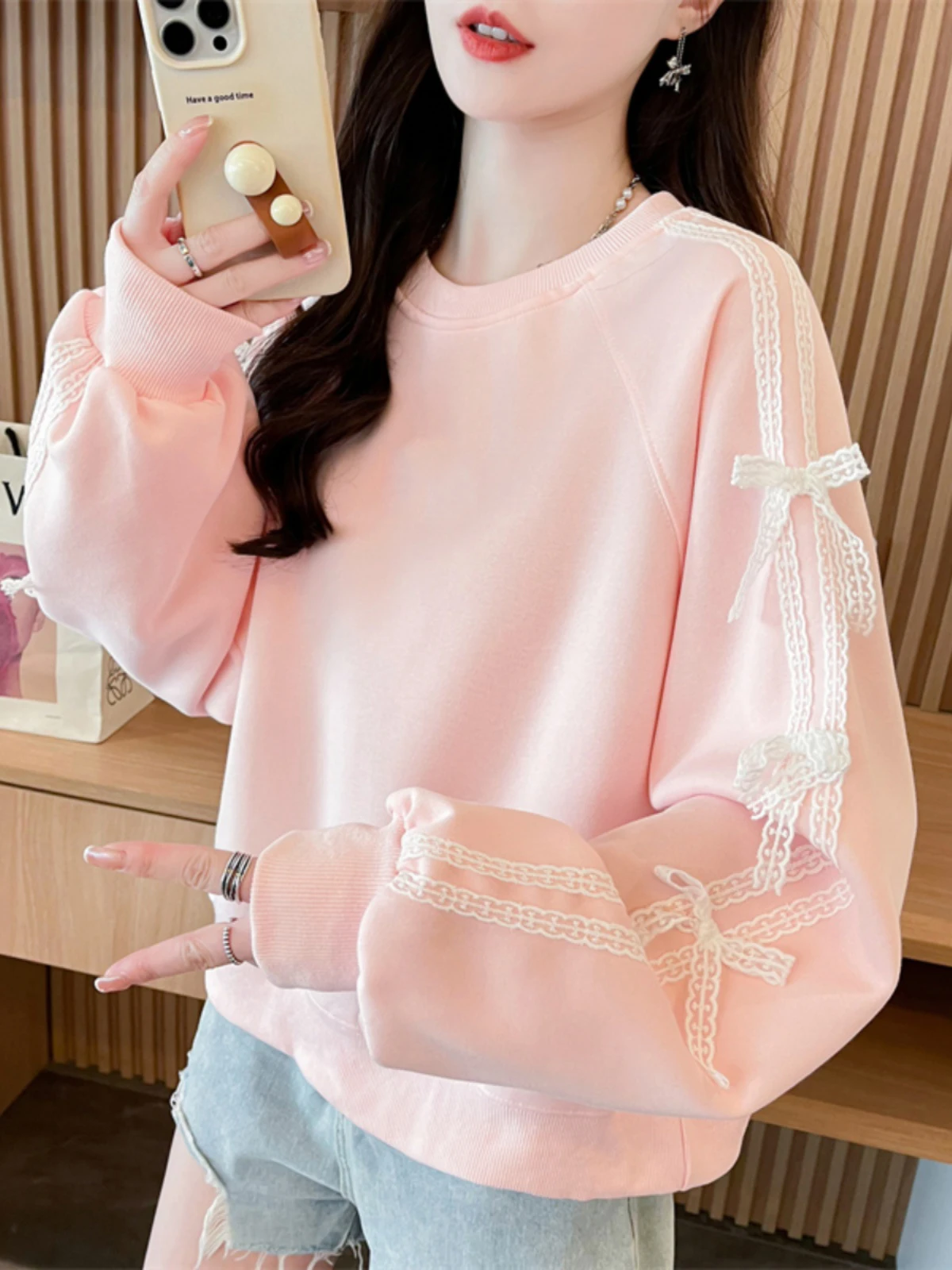 

Свитшот Sweet Style с круглым вырезом для студенток, укороченная версия, с кружевными вставками, европейские товары, весна-осень