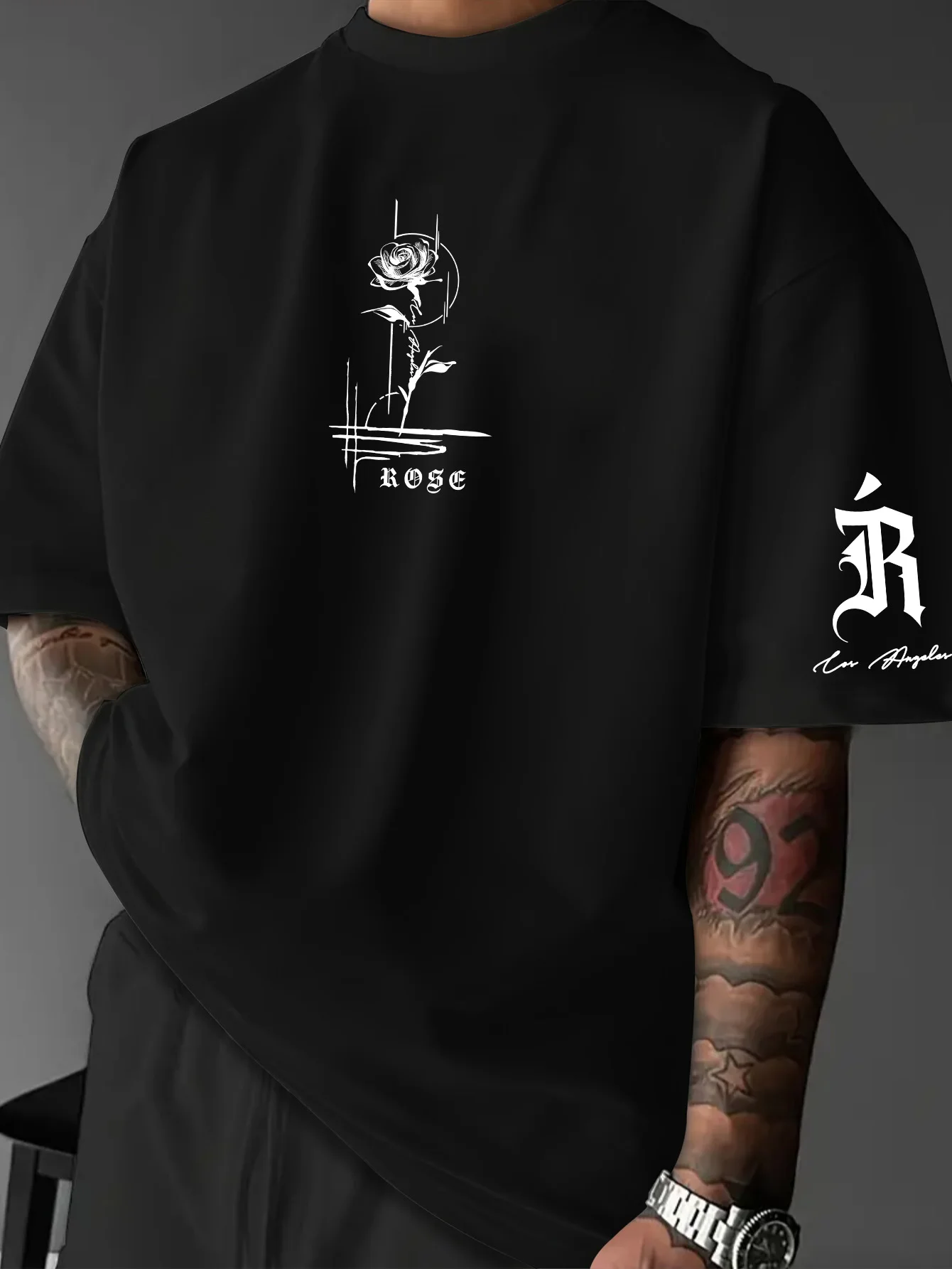 Men Oversized Drop Shoulder T-shirt, Gothic Rose Sketch Letter Graphic Print Casual Street Tee