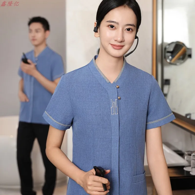 夏綿リネン薄い通気性クリーニング服半袖ハウスキーピングプロパティホテルの客室 InnPACleaning スタッフユニ