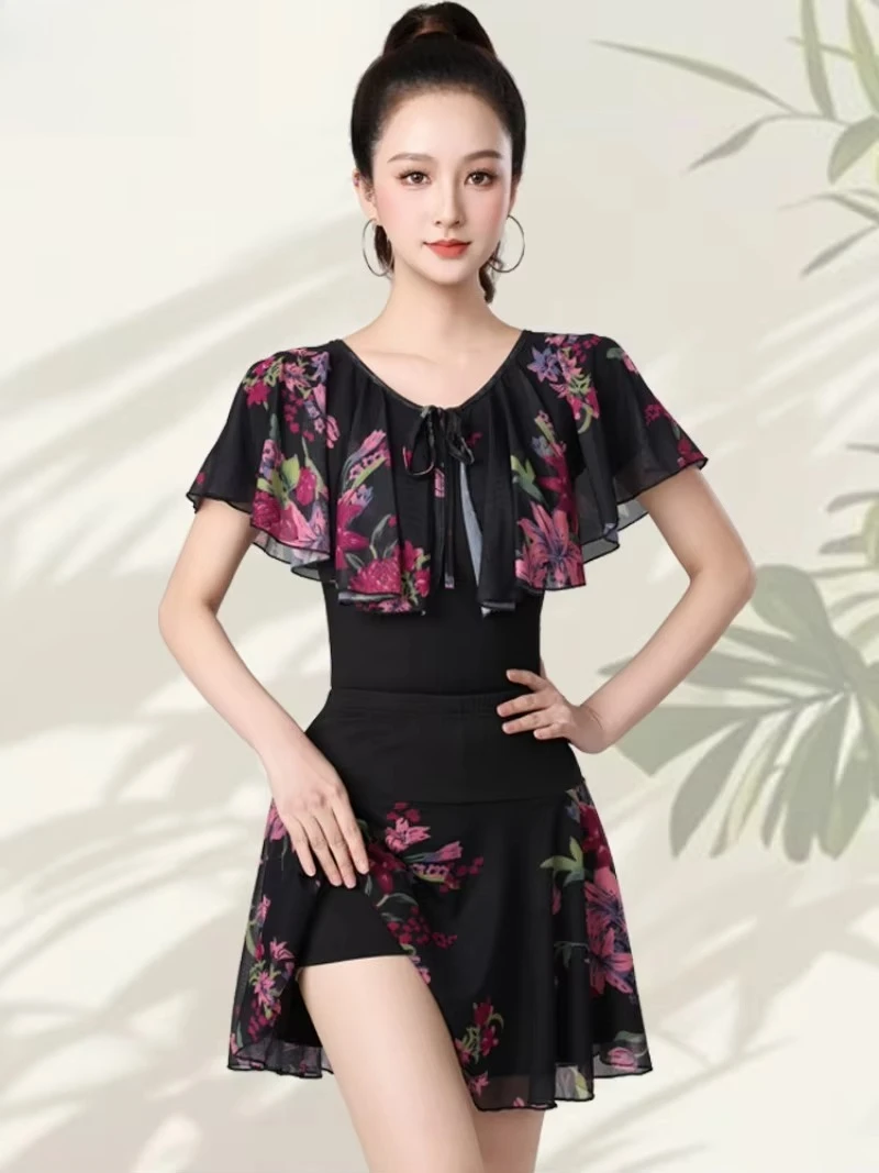 Women Latin Dance Outfit Summer New Mesh Leopard Print Short Sleeve Slim Fit Dance Costume Ballroom Modern Waltz Dancewear