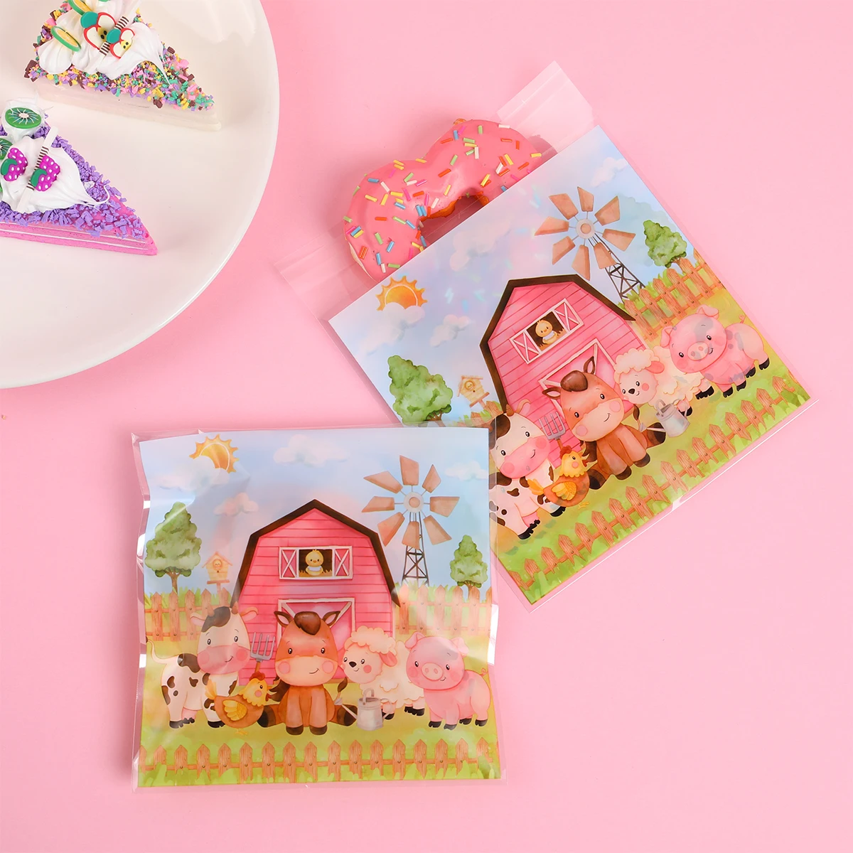 Pink Farm Animals Self Sealing Bags Girls Birthday Party Decoration Farm Theme Birthday Candy Cookie Bags Birthday Gift Bags