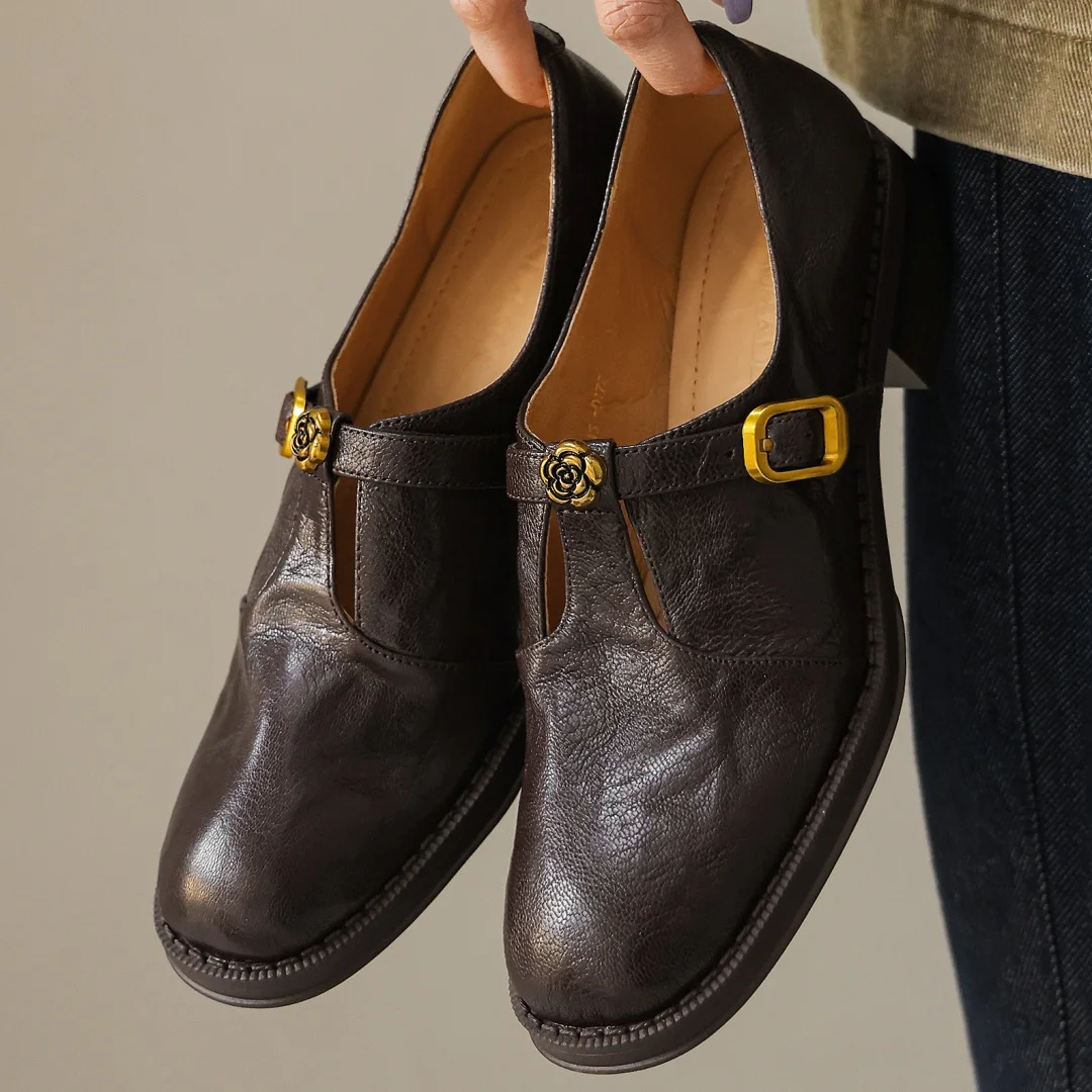 

danxuefei women's sheepskin round toe narrow band t-strap slip-on flats loafers high quality casual female daily shoes for woman