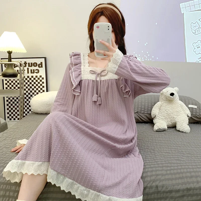 

2025 Autumn Plus Size Princess Long Sleeve Cotton Nightgowns for Women Korean Cute Lace Sleepwear Night Dress Nightdress nighty