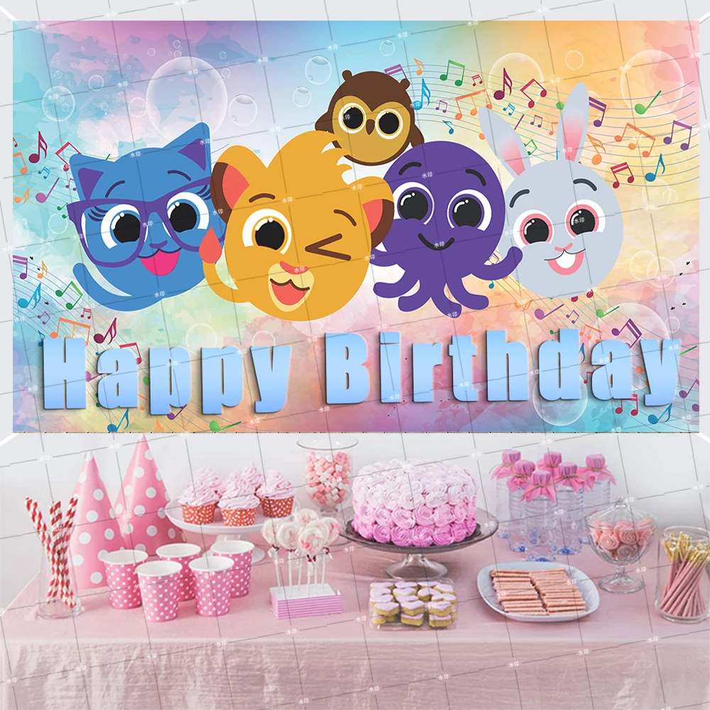 Cartoon B-Bolofofos Kids 1st Birthday Party Baby Shower Educational Music TV Photo Background Rainbow Bokeh Photo Booth Props