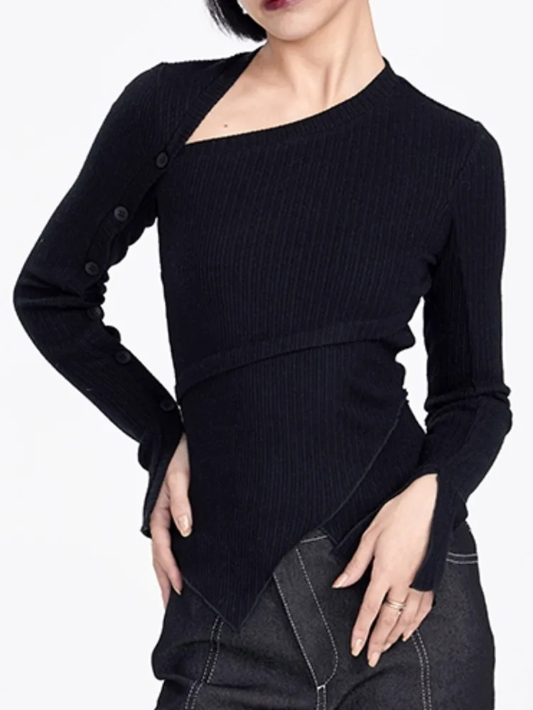 DEAT Fashion Women\'s Knitted Pullover Skew Collar Single Breasted Irregular Hem Patchwork Slim Sweater Autumn 2024 New 17A5507