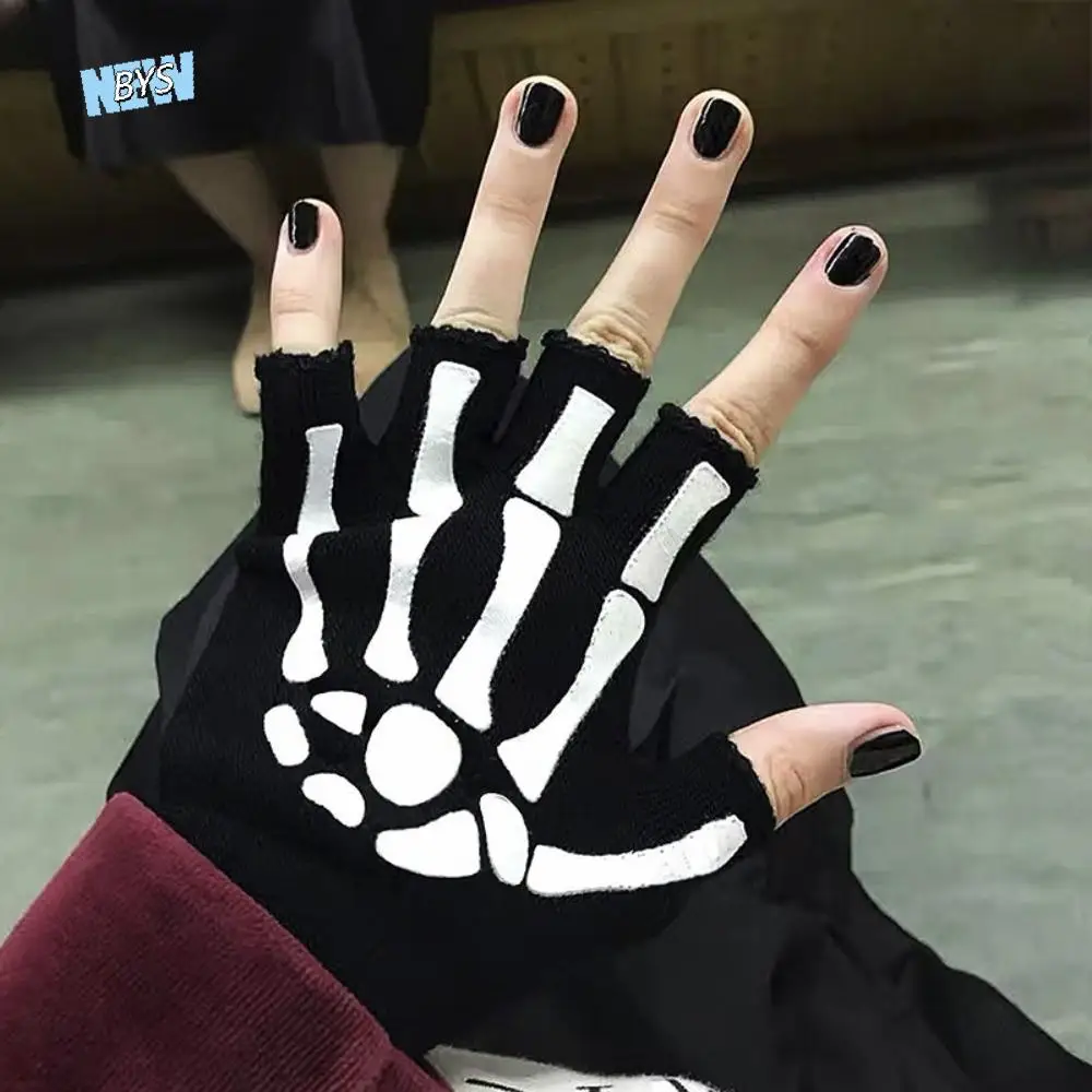 

Black Skeleton Gloves Stretch Ghost Claw Skull Half Finger Gloves Thicken Knitted Halloween Skeleton Gloves Halloween Party