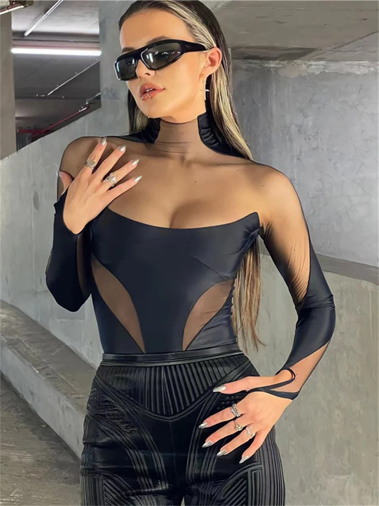 

Whatiwear Mesh Patchwork Bodysuits Women Turtleneck Full Sleeve Skinny Vacation Sexy Wild Club Party Streetwear Bodycon Tops