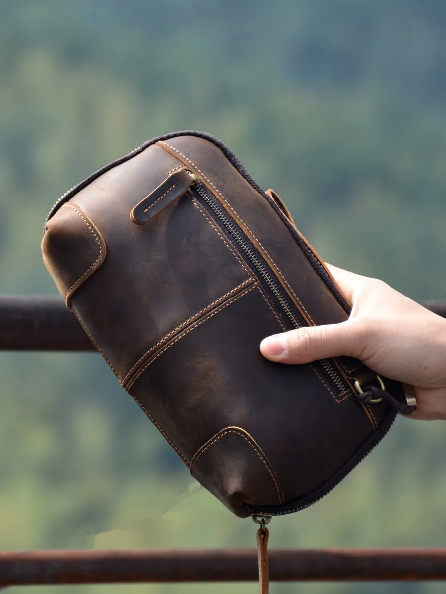 Large Capacity Crazy  Leather Wallet Handheld Bag Vintage Style Men's Bag  Shape Hard  Casual Use Zipper Closure