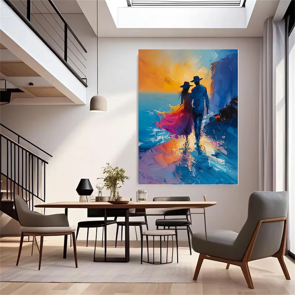 

Ручная роспись: абстрактная картина маслом с изображением пары, импрессионистская картина на холсте с закатом и прогулкой по пляжу, романтический морской пейзаж для домашнего декора