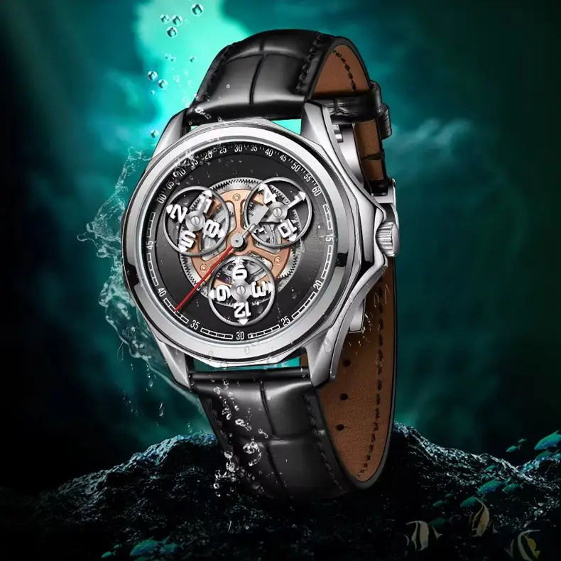 

OBLVLO Мужские автоматические часы 41 мм Механические наручные часы Светящиеся 50 м Водонепроницаемые сапфировые вращающиеся звездные колеса Концептуальный циферблат