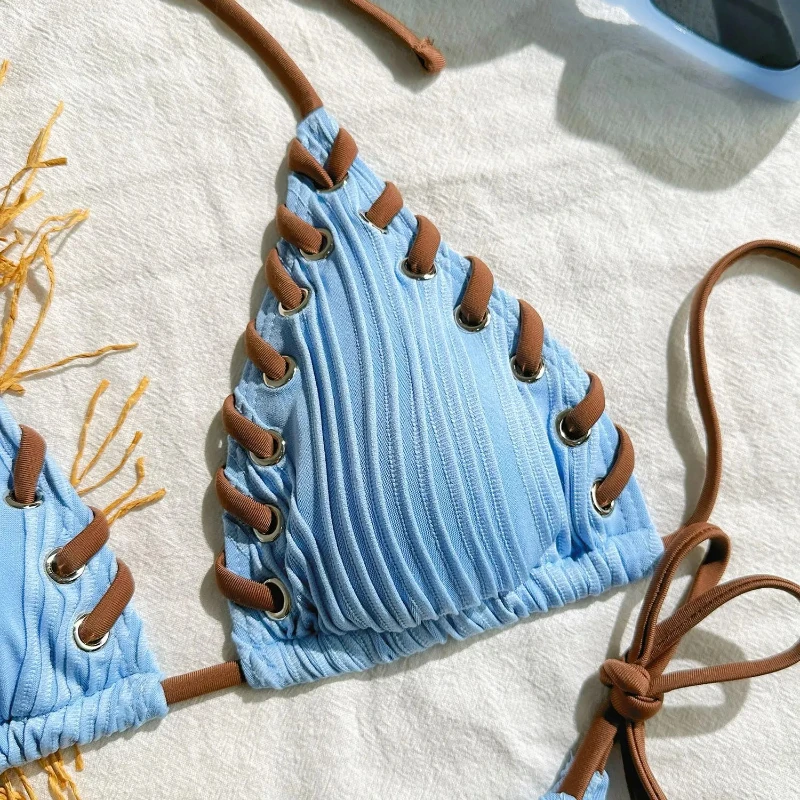 Conjunto de Bikini de tejido arrugado con cuello Halter, traje de baño para mujer, ropa de playa para mujer, traje de baño Tankini, Bikini brasileño para mujer