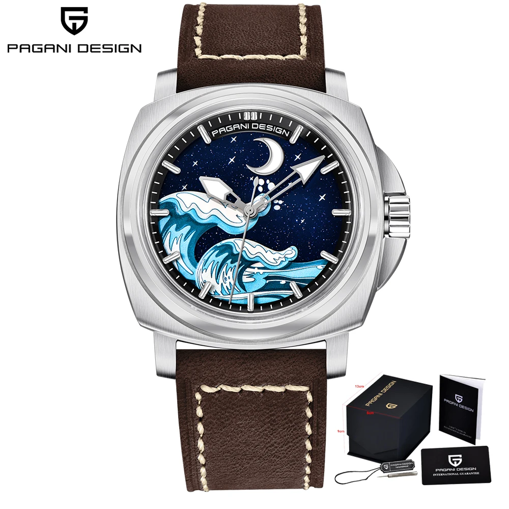PAGANI DESIGN automatische mechanische Herren-Armbanduhr TMI NH35A, Saphirglas, Wellen und Mondglanz, C3-Lumen-Zifferblatt PDYS014 5