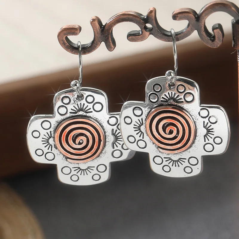 Vintage Hand Carved Spiral Dangle Women's Earrings Two Color Metal Geometry Daily Wear Party Jewelry Anniversary Gift