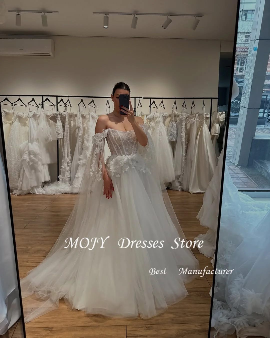 Mojy Lace Appliques Wedding Dresses A Line Pleated Bridal Gowns Custom Made Bride Dress Vestido de novia Guest Party Gowns