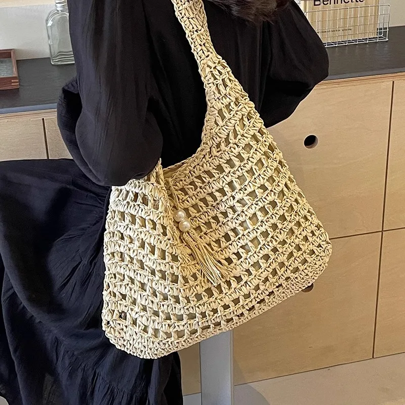 

Ажурная соломенная большая сумка 202, просторная пляжная сумка на плечо с регулируемым ремешком через плечо, летние каникулы, незаменимые