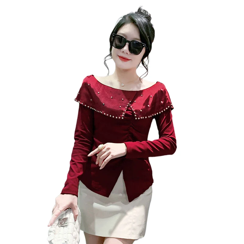 2025,New European Clothes Fall Winter T-Shirt Chic Sexy Off Collar Shiny Beading Patchwork Women's Tops Long Sleeve Tees 49010