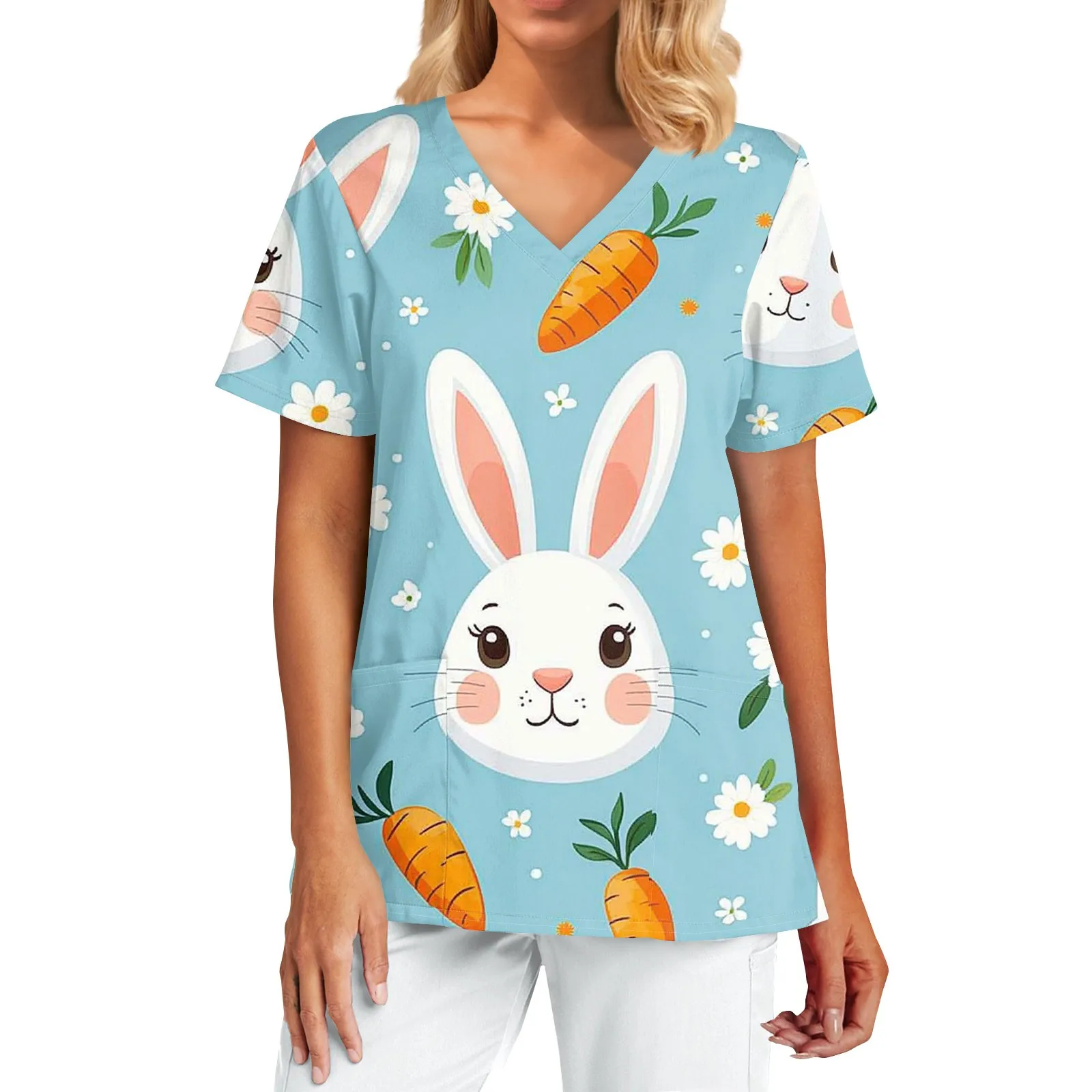 Uniformes femininos médicos coelhinho da páscoa dos desenhos animados impressão obstetrícia enfermagem topos com decote em v manga curta camisetas pet médico esfrega para mulher