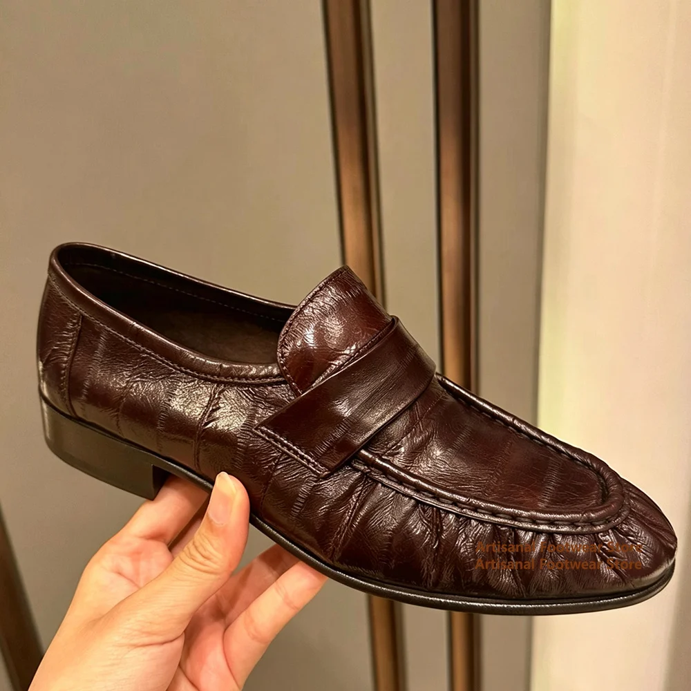 Vintage Brown Leather Slip-On Loafers Crinkled Leather Dress Shoes Luxury Designer Men's Shoes Trendy Handmade Leather Shoes