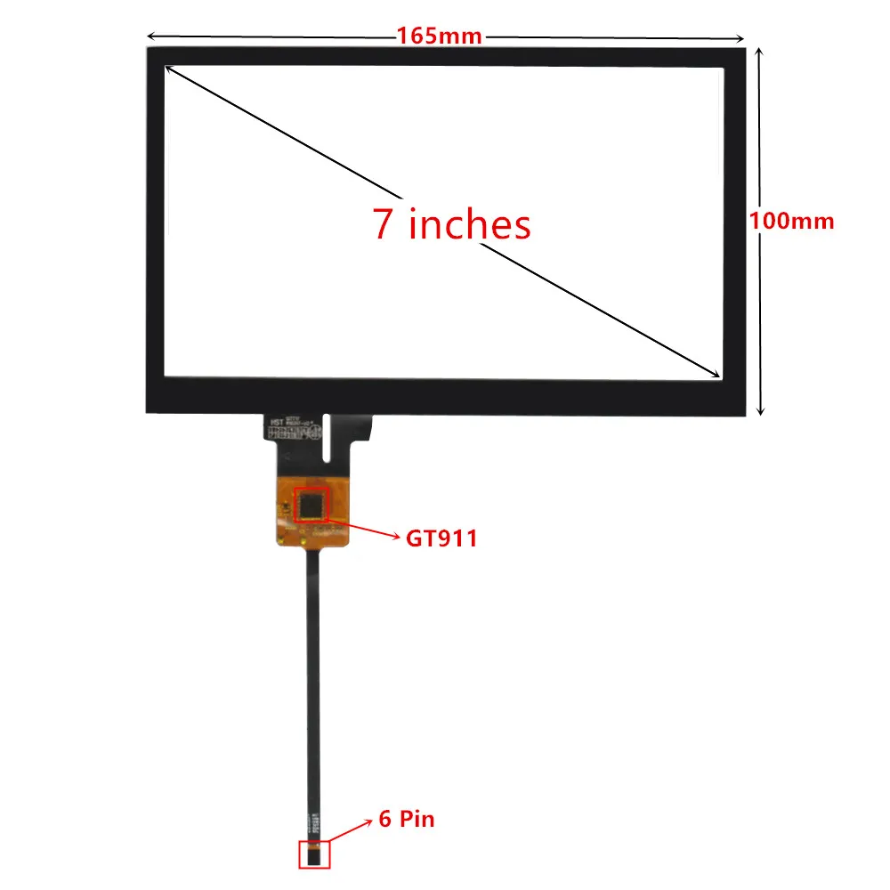 범용 내비게이션 정전식 터치 디지타이저 터치 스크린 패널 유리, GT911, 6 핀 HST 127T17 R10317-V2, 7 인치, 165mm x 100mm