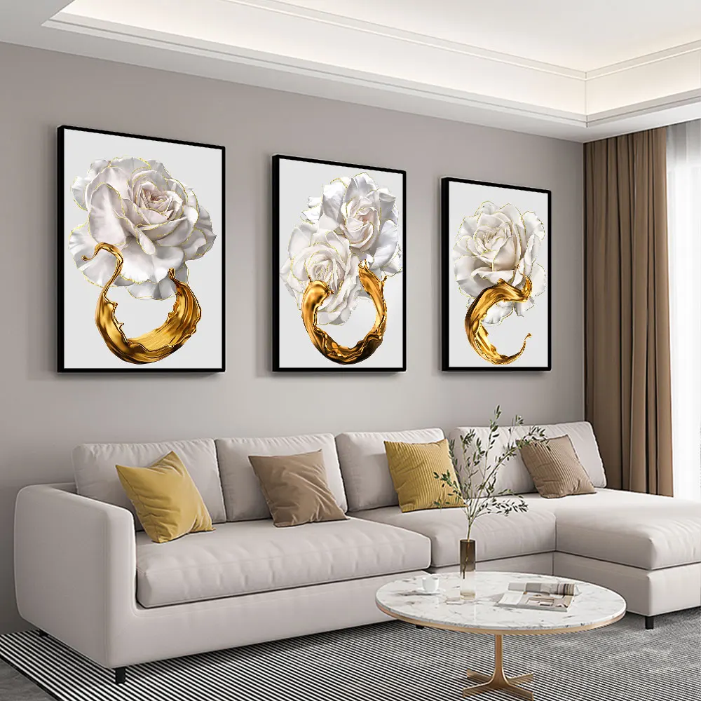 Abstract White Rose Flower Poster Prints Picture Gold Ink Splash Wall Art Canvas Painting for Modern living room Decoration