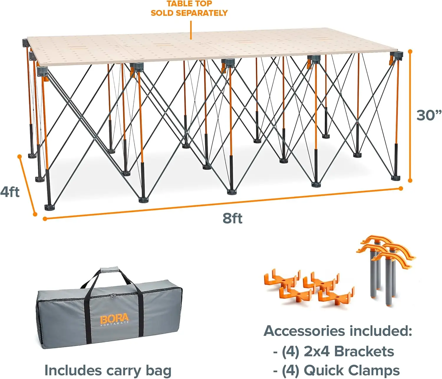 30in  Work Table Set - No Assembly 15-Strut Collapsible Table 6000lb Weight Limit - 4x8ft Mobile Work Stat