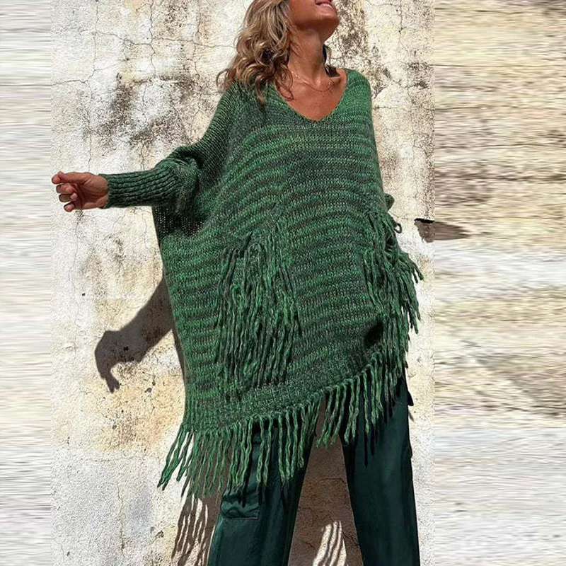 Vintage Long Sleeve Tassel Pocket Pullover Jumper Harajuku Female V Neck Top Knitwear Women Fashion Loose Casual Knitted Sweater
