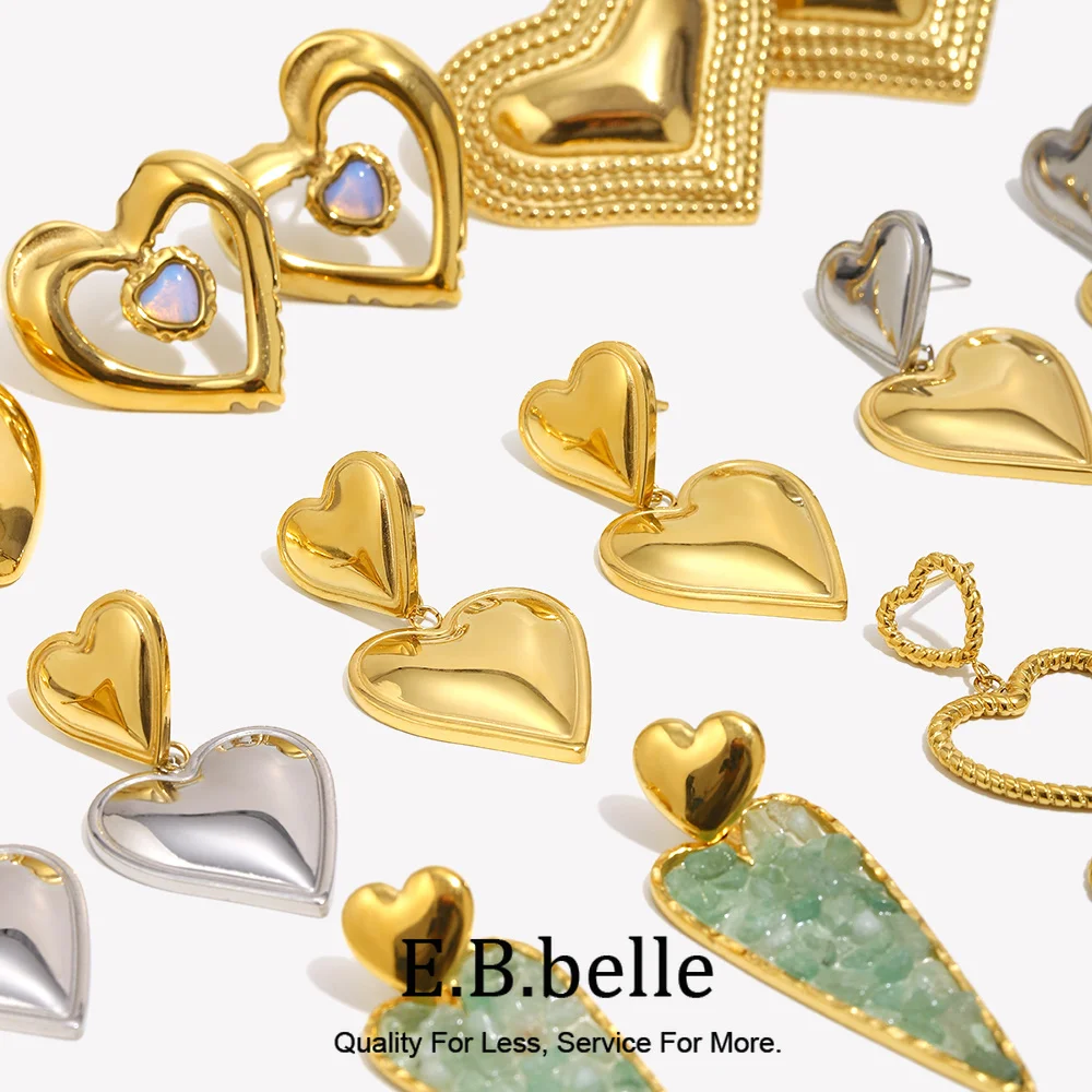 E.B.belle Double Heart Stud Earring Stainless Steel Minimalist Style Women Jewerlry Hypoallergenic Party Gift 18K Gold Plated