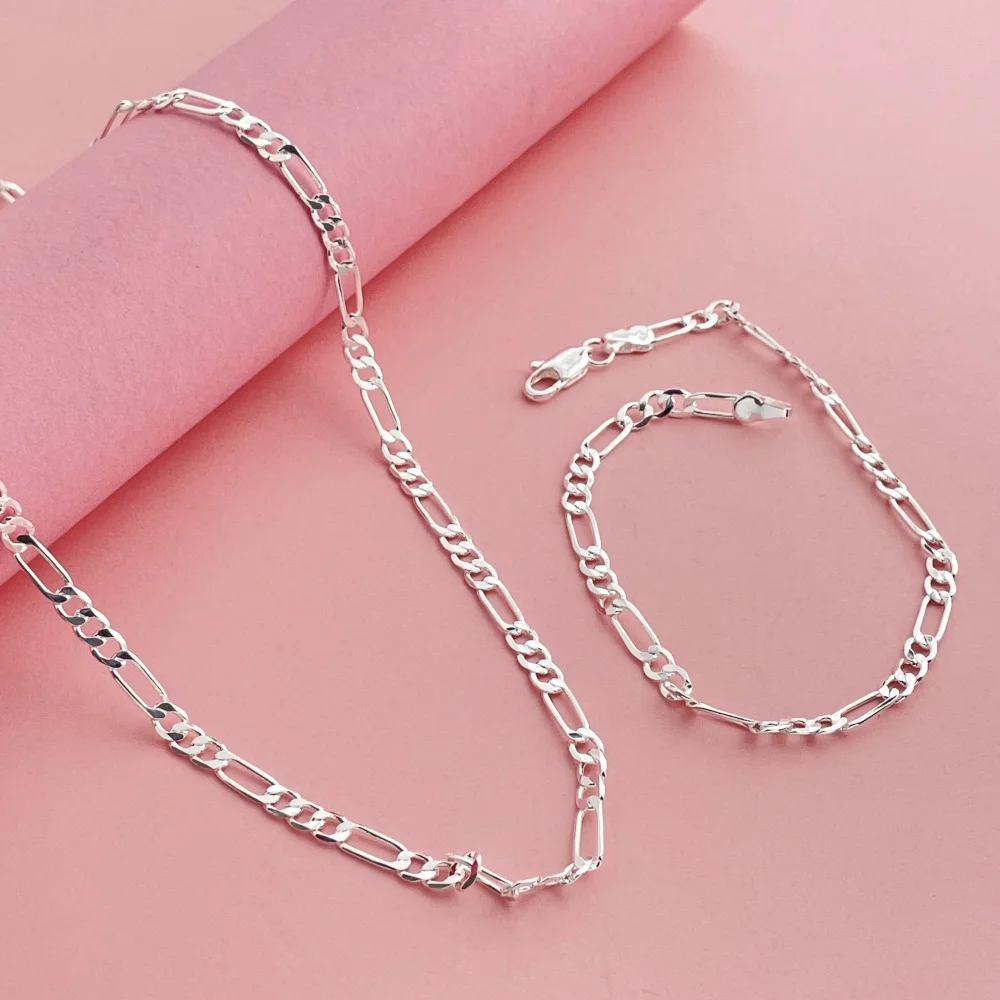 

Noble New Arrival 925 Silver 4mm Chain Unisex Bracelet Necklace Jewelry Set Women Christmas Gift Wedding Jewelry