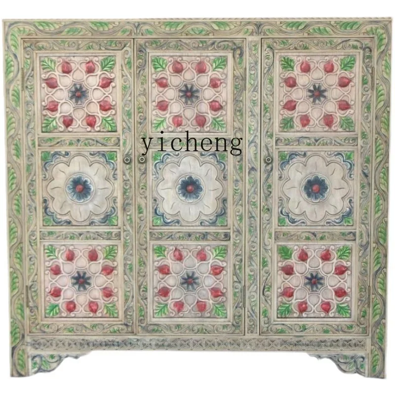 

Southeast Asian Style Wood Carved Decorative Painted Locker Log Shoe Cabinet