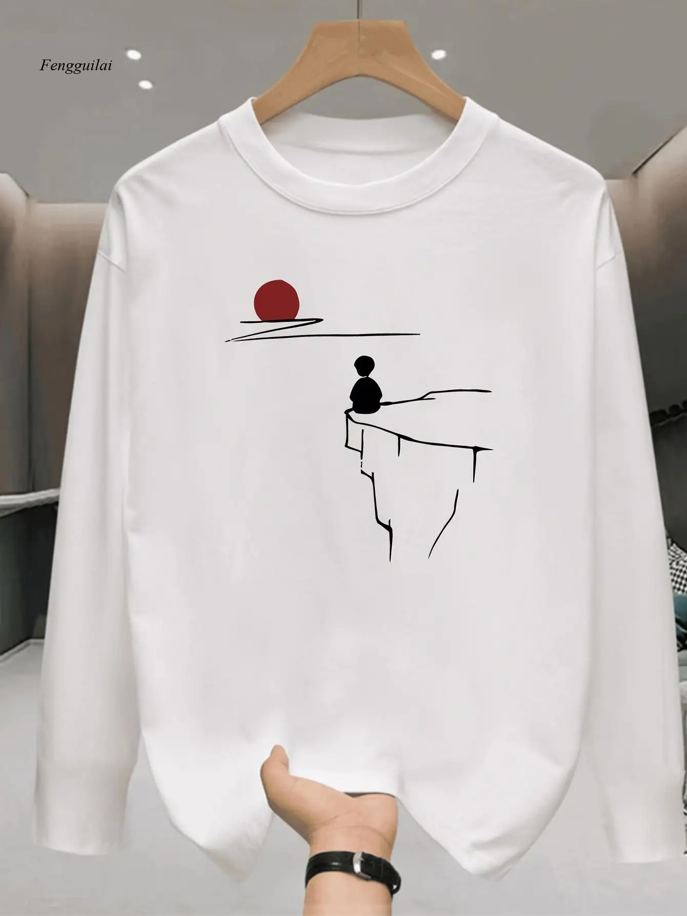 긴팔 티셔츠 - 미니멀리스트 풍경 그래픽이 있는 루즈핏 캐주얼 셔츠(블랙/화이트/레드 악센트)