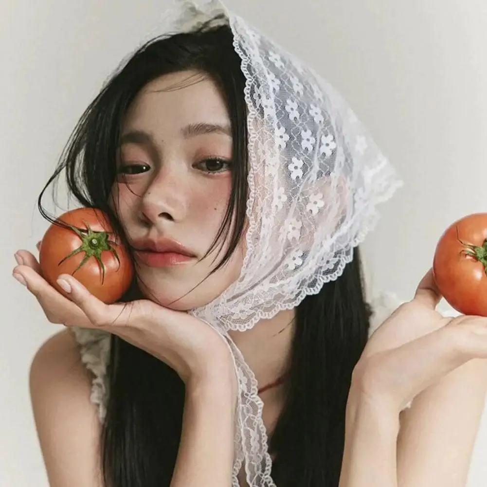 

Элегантный кружевной шарф для волос, женский треугольный платок, корейский шнурующий шарф на шею, кружевной цветок, солнцезащитный крем, повязка на голову для путешествий и фото